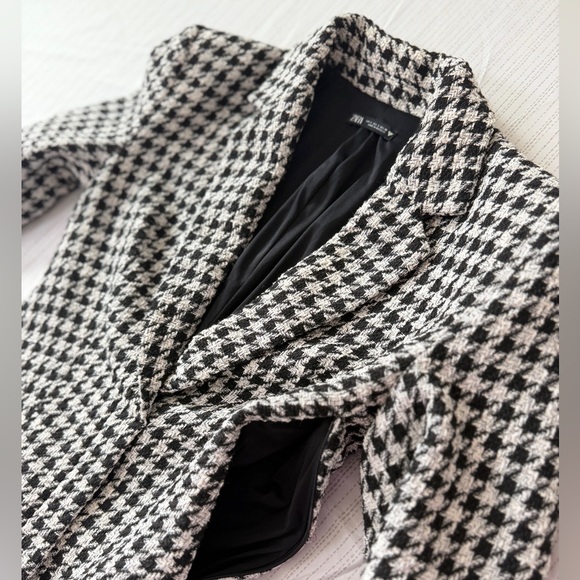 Zara Houndstooth Blazer Mini Dress Tailored Welt Pocket Sz S Retro Glam Core - Picture 11 of 16